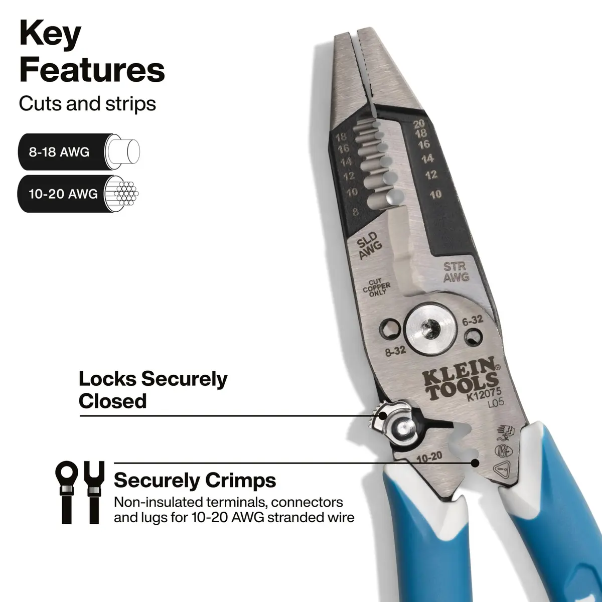 Klein Tools K12075 Heavy-Duty Wire Stripper 8-18 AWG Solid / 10-20 AWG Stranded | Precision Electrical Cable Stripping Tool - view 3