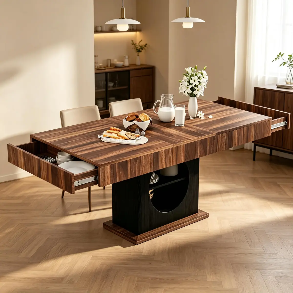 CBBPET 55" Farmhouse Dining Table for 4-6 | Walnut & Black Finish with Drawers & LED Lights - main product image