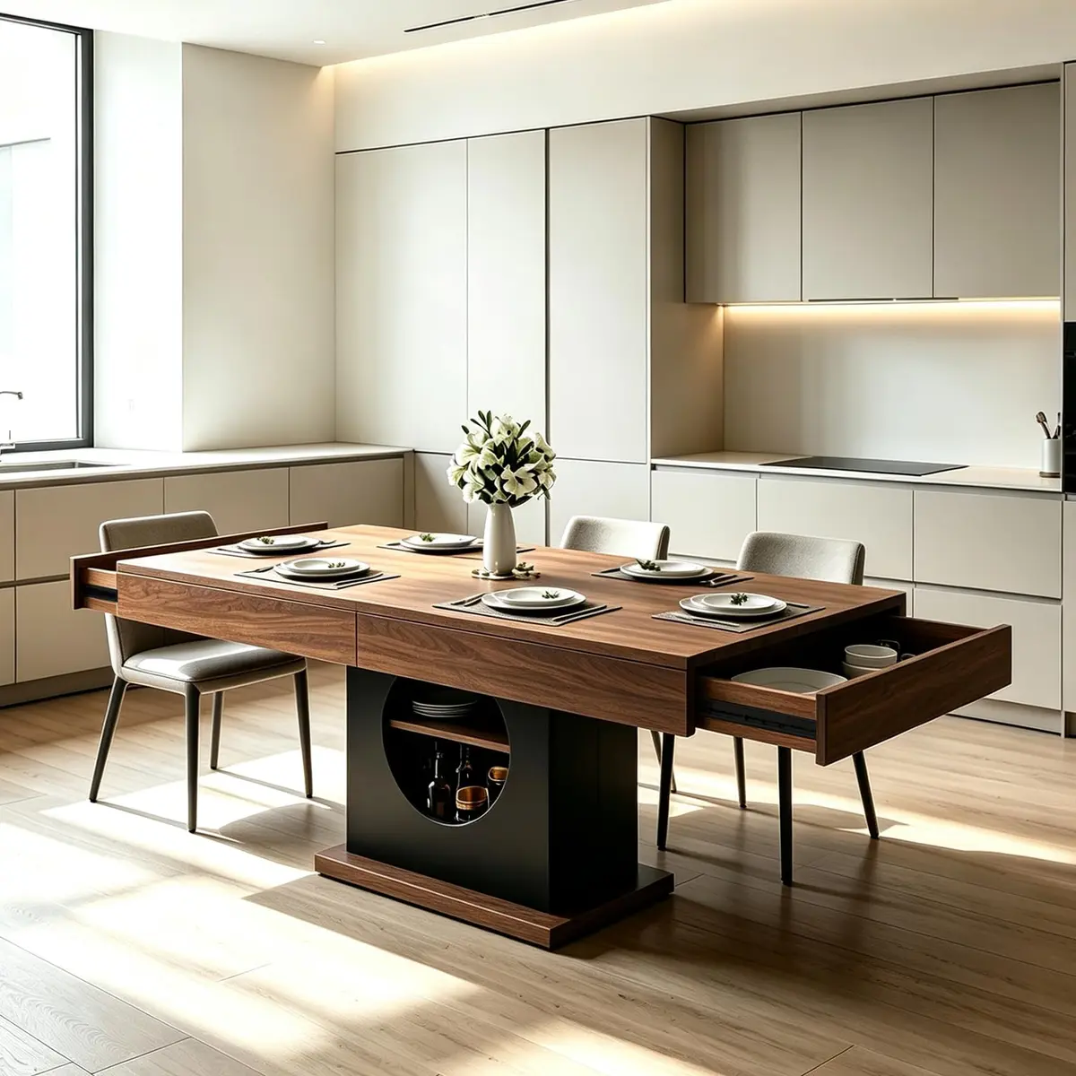 CBBPET 55" Farmhouse Dining Table for 4-6 | Walnut & Black Finish with Drawers & LED Lights - view 5
