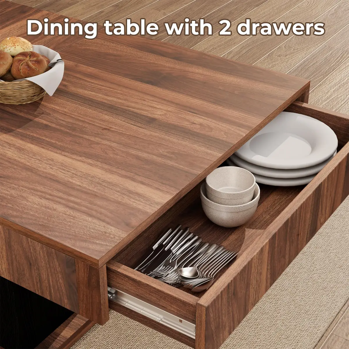 CBBPET 55" Farmhouse Dining Table for 4-6 | Walnut & Black Finish with Drawers & LED Lights - view 6