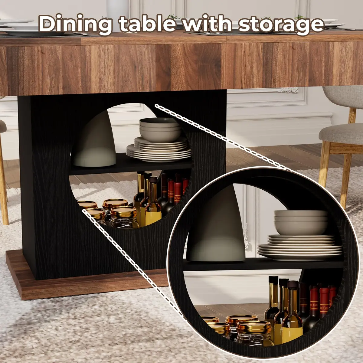 CBBPET 55" Farmhouse Dining Table for 4-6 | Walnut & Black Finish with Drawers & LED Lights - view 7