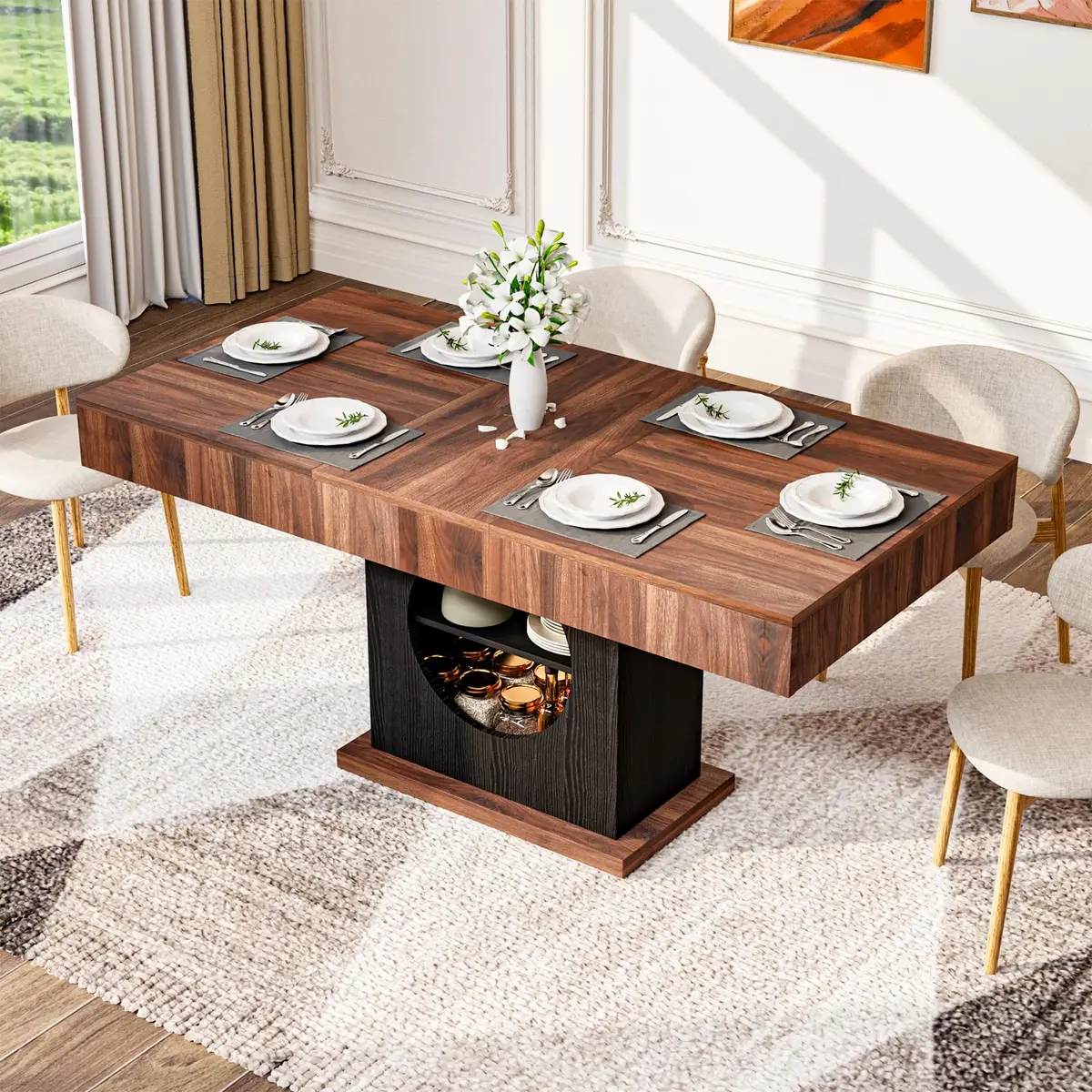 CBBPET 55" Farmhouse Dining Table for 4-6 | Walnut & Black Finish with Drawers & LED Lights - view 8