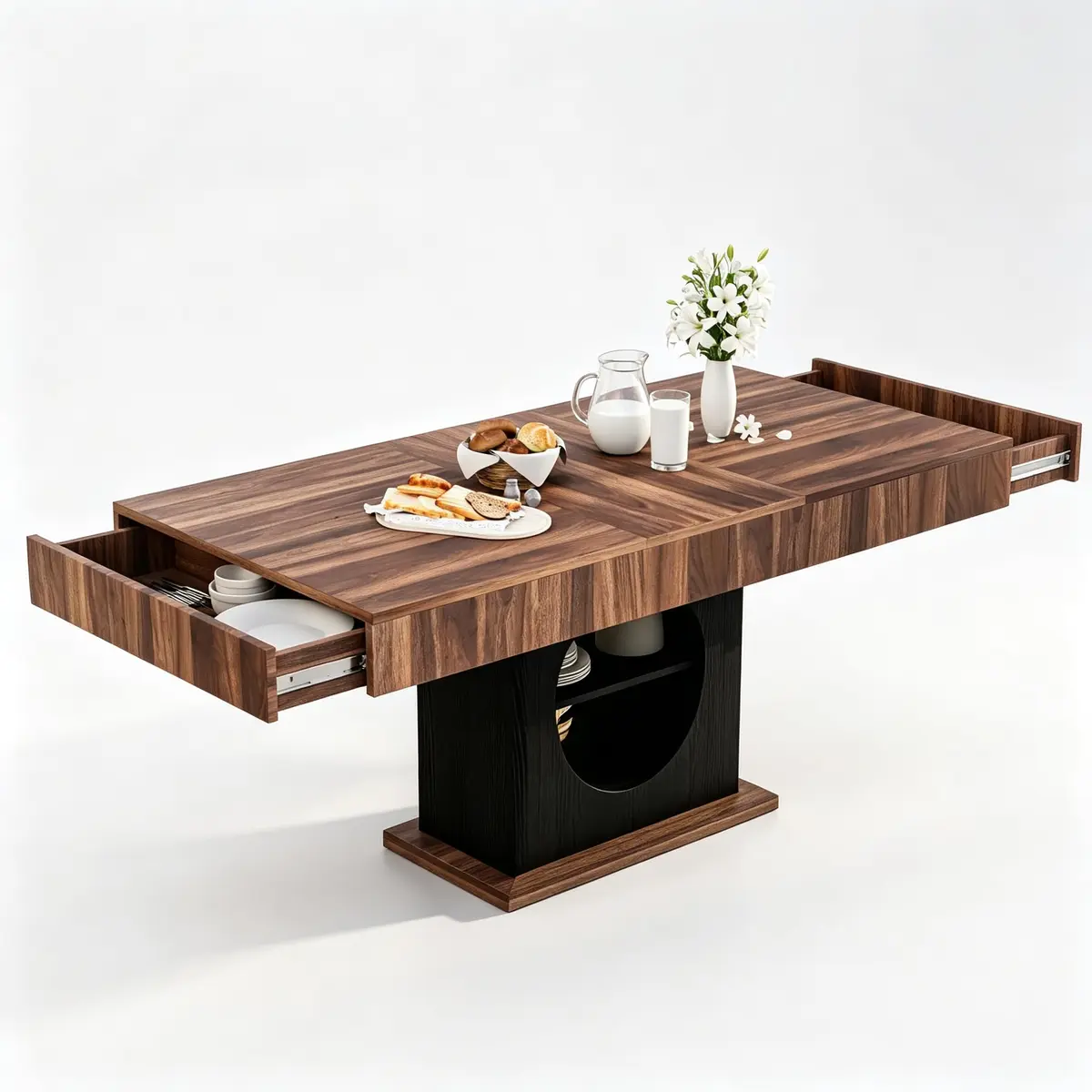 CBBPET 55" Farmhouse Dining Table for 4-6 | Walnut & Black Finish with Drawers & LED Lights - view 2