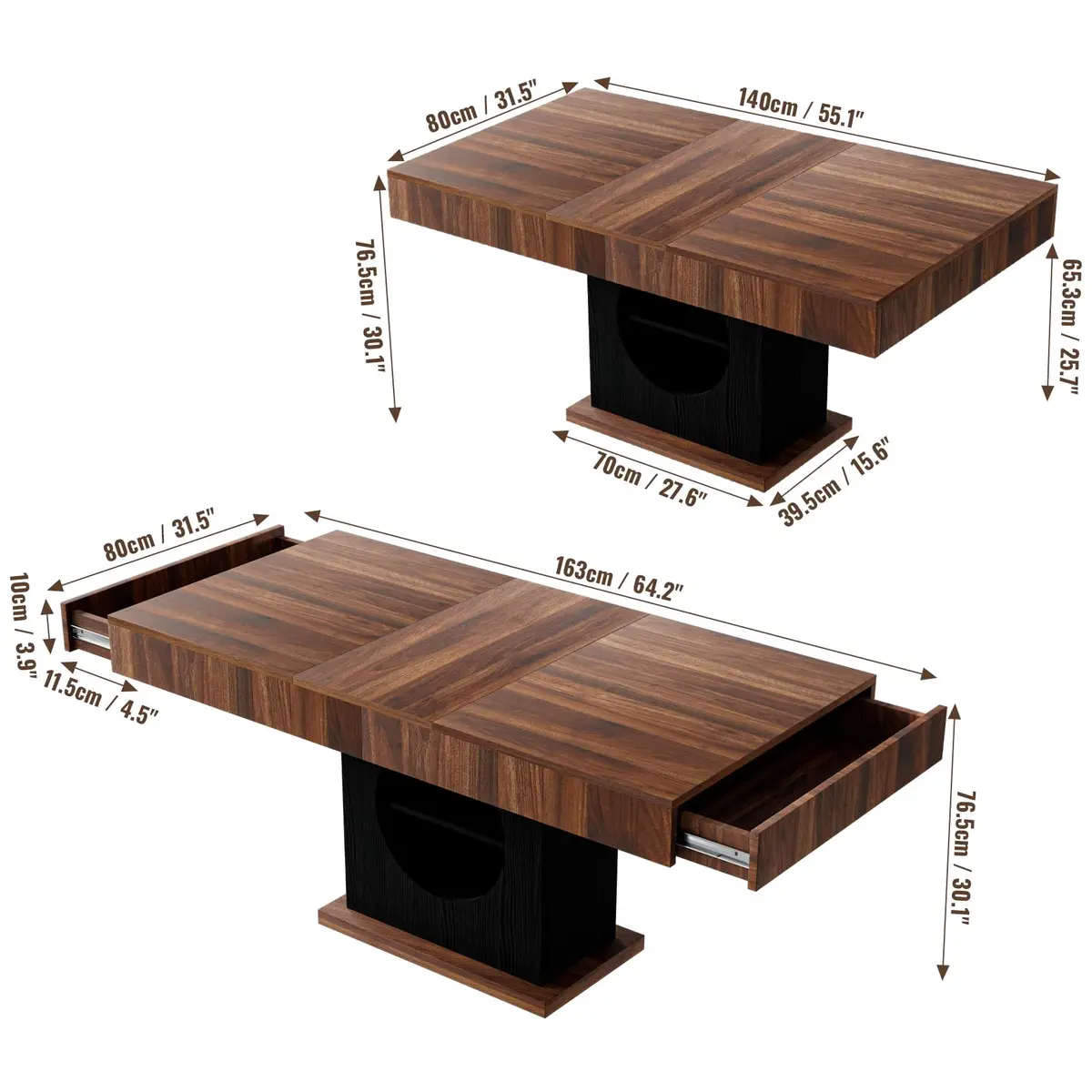 CBBPET 55" Farmhouse Dining Table for 4-6 | Walnut & Black Finish with Drawers & LED Lights - view 3