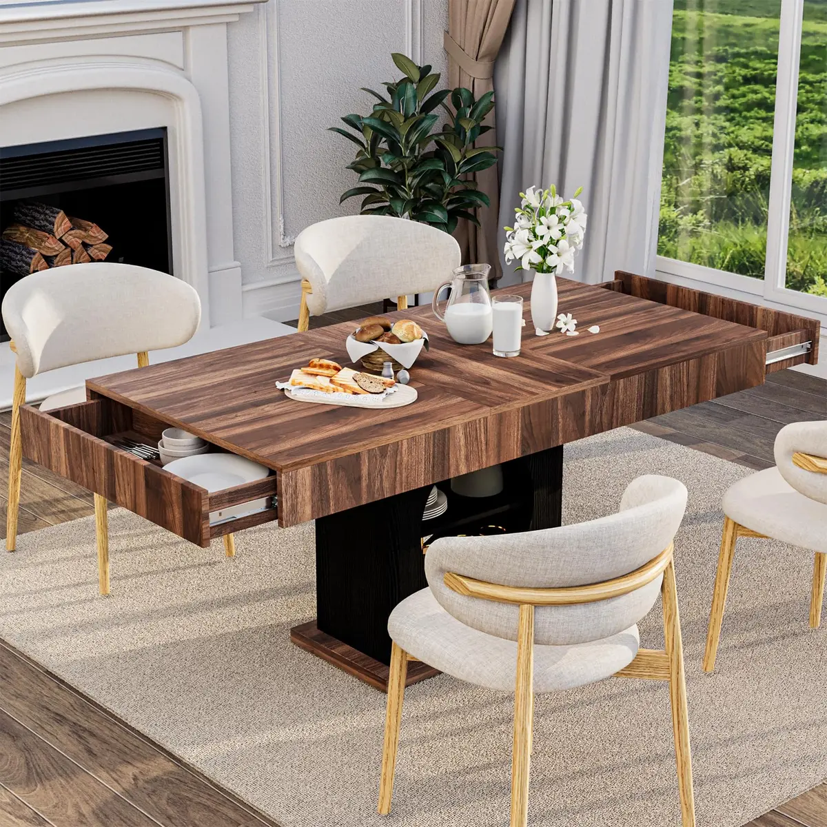 CBBPET 55" Farmhouse Dining Table for 4-6 | Walnut & Black Finish with Drawers & LED Lights - view 4