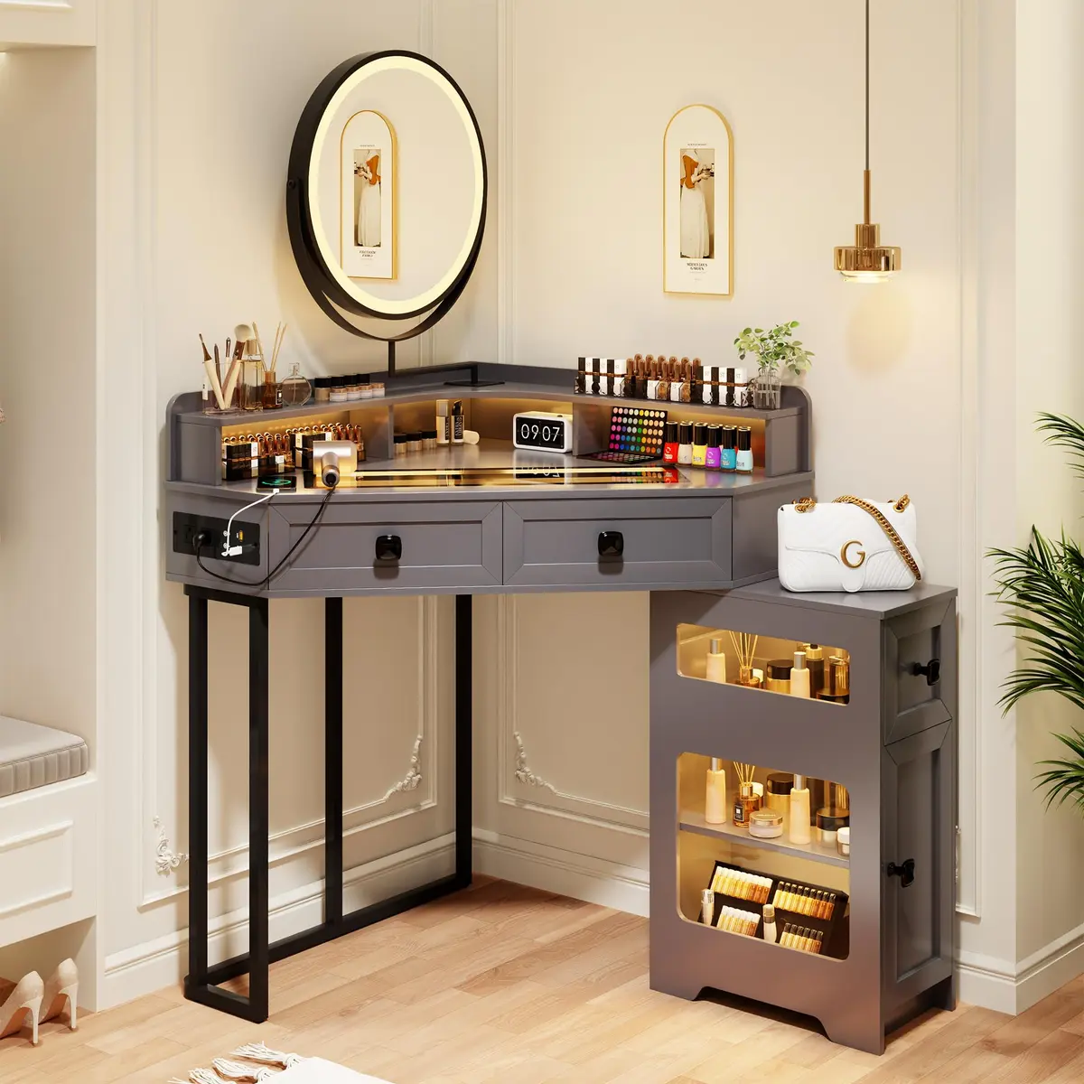 FREDEES Glass Top Makeup Vanity with Mirror and Lights | Modern Corner Design, 27.6"x 27.6"x 55.9" - main product image