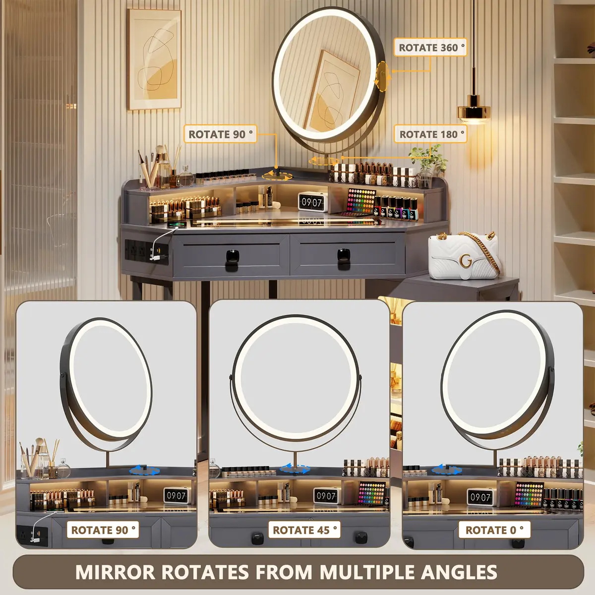 FREDEES Glass Top Makeup Vanity with Mirror and Lights | Modern Corner Design, 27.6"x 27.6"x 55.9" - view 7