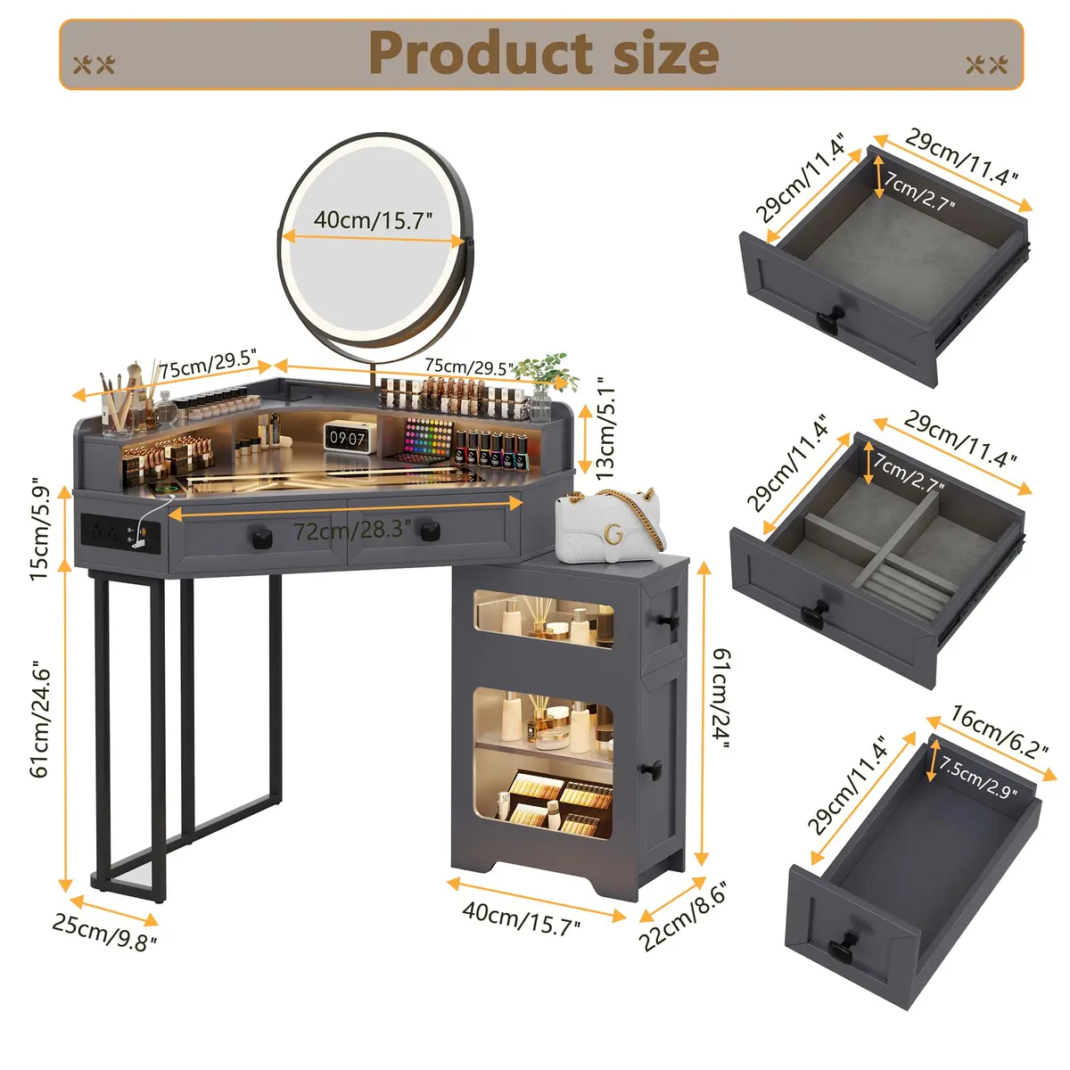 FREDEES Glass Top Makeup Vanity with Mirror and Lights | Modern Corner Design, 27.6"x 27.6"x 55.9" - view 2