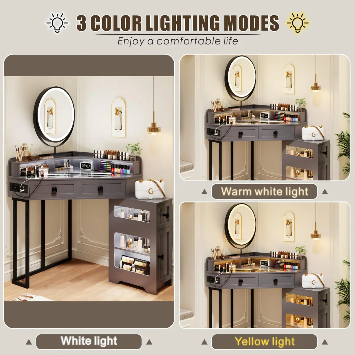 FREDEES Glass Top Makeup Vanity with Mirror and Lights | Modern Corner Design, 27.6"x 27.6"x 55.9" - view 3