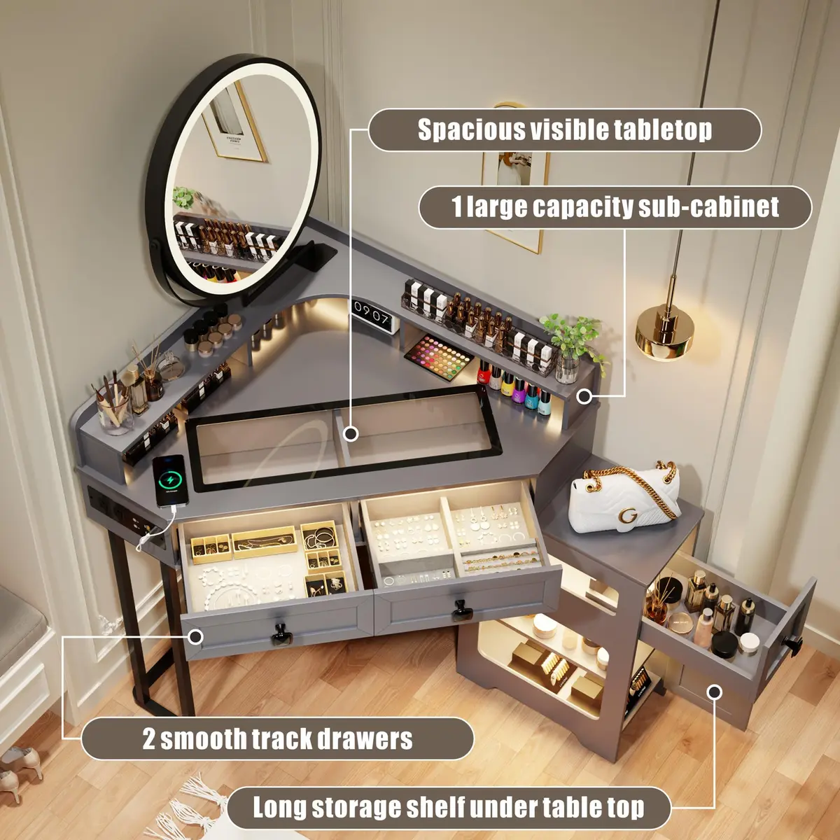 FREDEES Glass Top Makeup Vanity with Mirror and Lights | Modern Corner Design, 27.6"x 27.6"x 55.9" - view 4