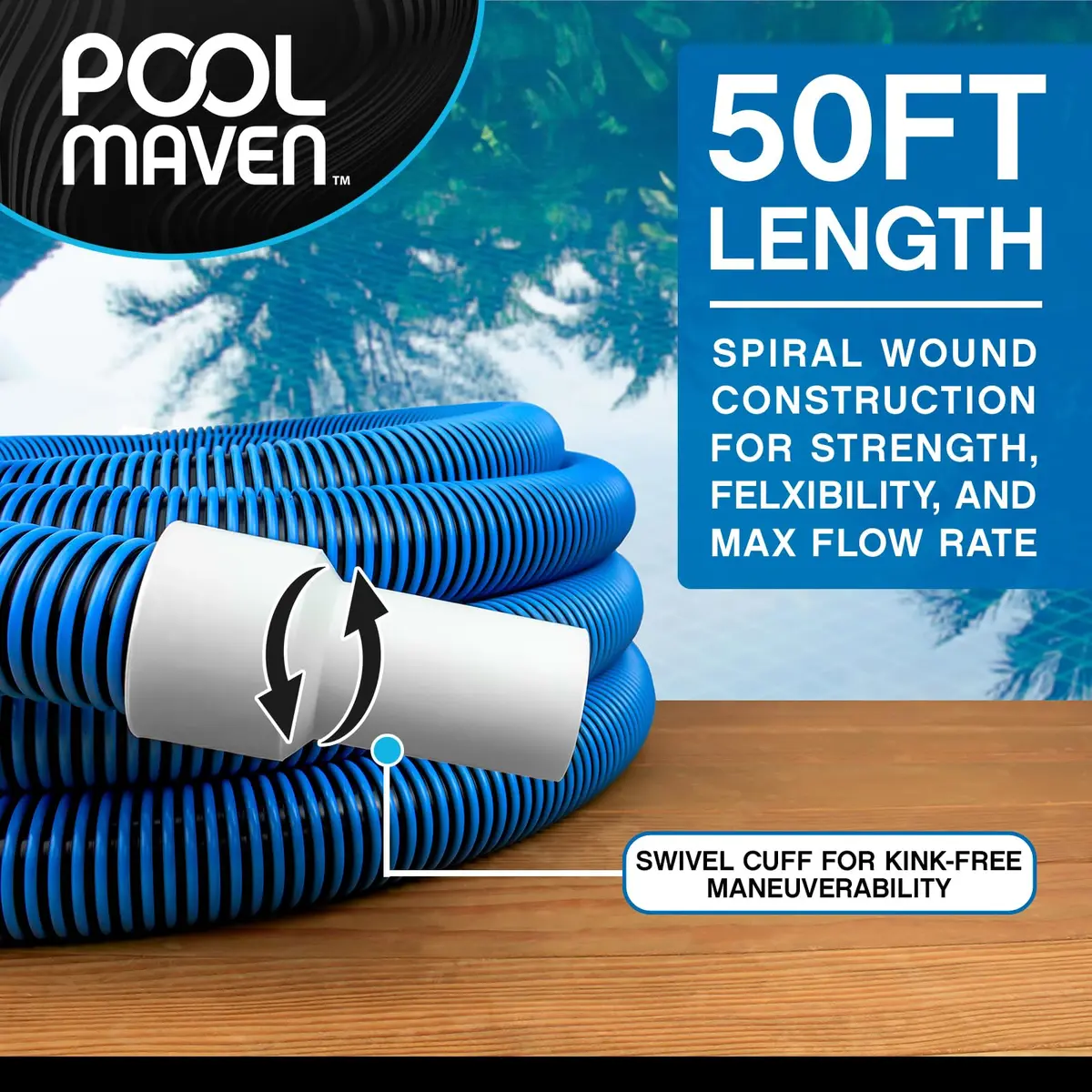 Poolmaven Manual Swimming Pool Vacuum Hose 50 ft | Made in USA, 1-1/2 in. diameter, flexible EVA, dependable manual pool cleaning - view 2