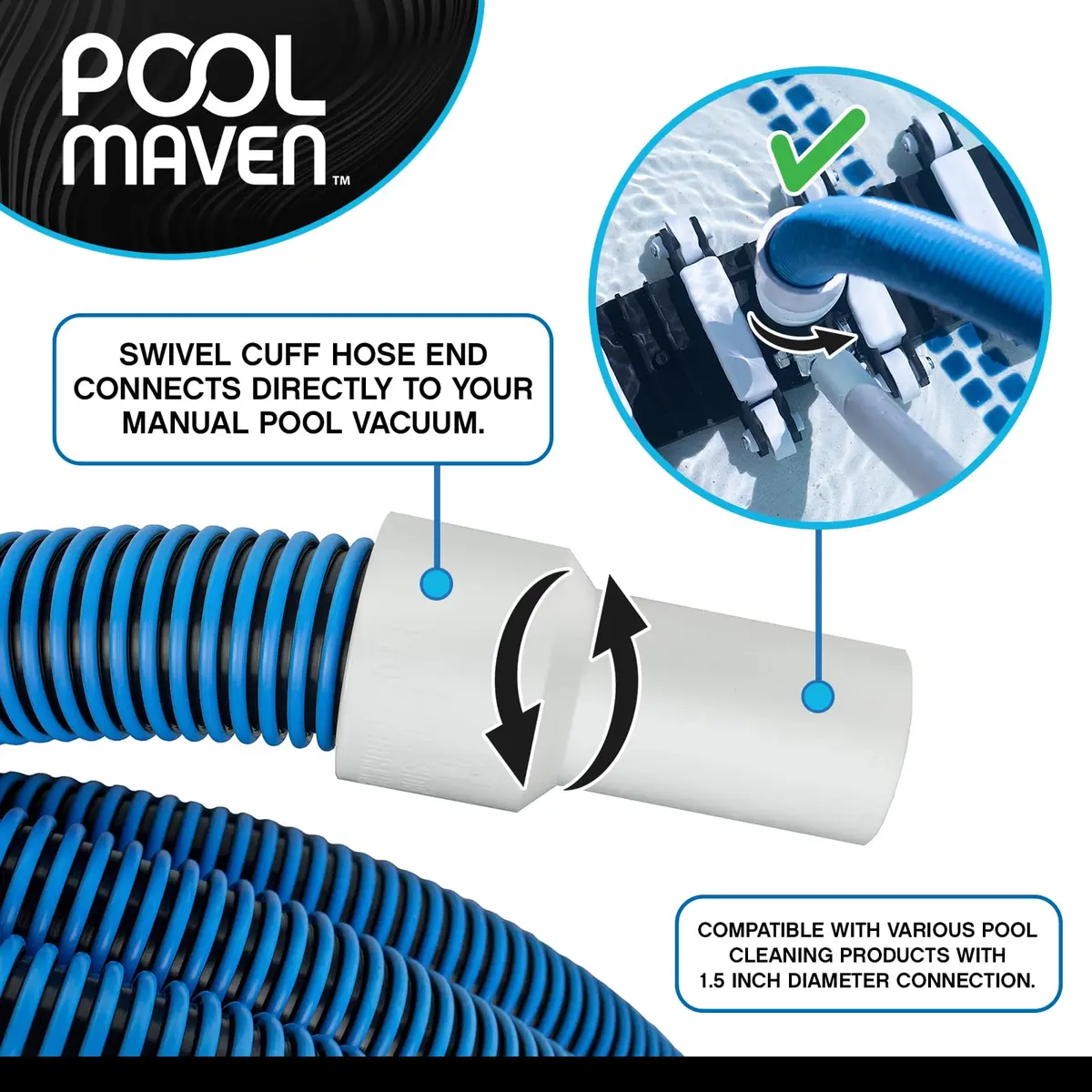 Poolmaven Manual Swimming Pool Vacuum Hose 50 ft | Made in USA, 1-1/2 in. diameter, flexible EVA, dependable manual pool cleaning - view 4