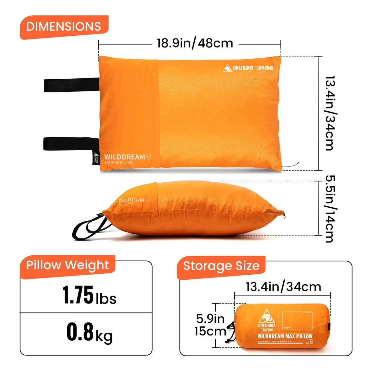 ONETIGRIS Wilddream Camping Pillow Large Orange | Shredded Memory Foam for Backpacking, Travel, Car Trips - view 3