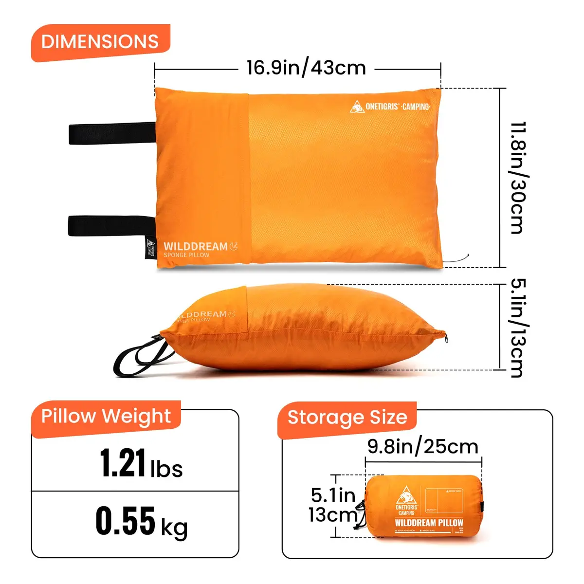 ONETIGRIS Wilddream Camping Pillow Shredded Memory Foam 550g (1.2 lb) Orange | All-Season Comfort for Backpacking & Travel - view 3