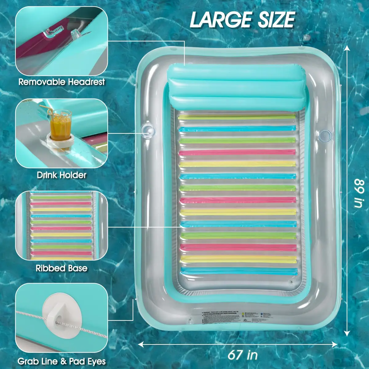 Jasonwell Inflatable Tanning Pool Lounger Float XXL Mint Green | 210 cm (89 in) x 170 cm (67 in) - view 5