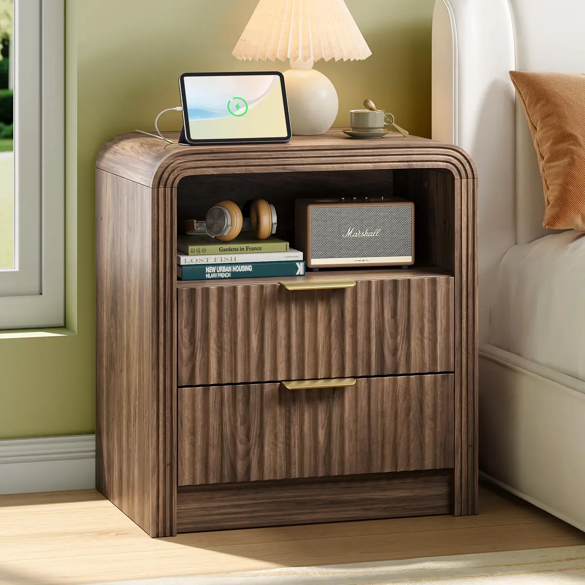 Decofy Fluted Nightstand with Charging Station, 2 Drawers, Walnut | Modern Bedroom End Table with USB & Type-C Ports - main product image
