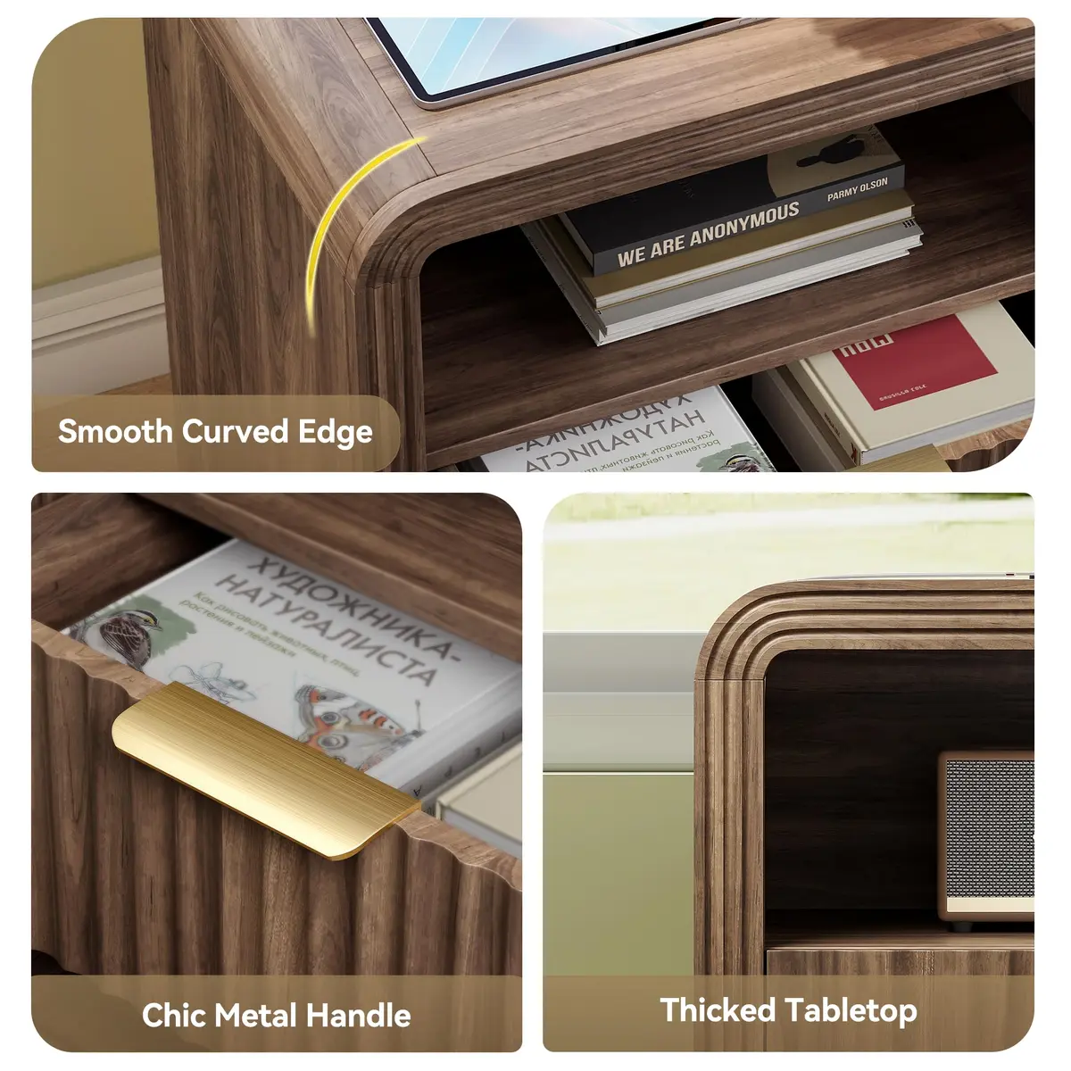 Decofy Fluted Nightstand with Charging Station, 2 Drawers, Walnut | Modern Bedroom End Table with USB & Type-C Ports - view 5