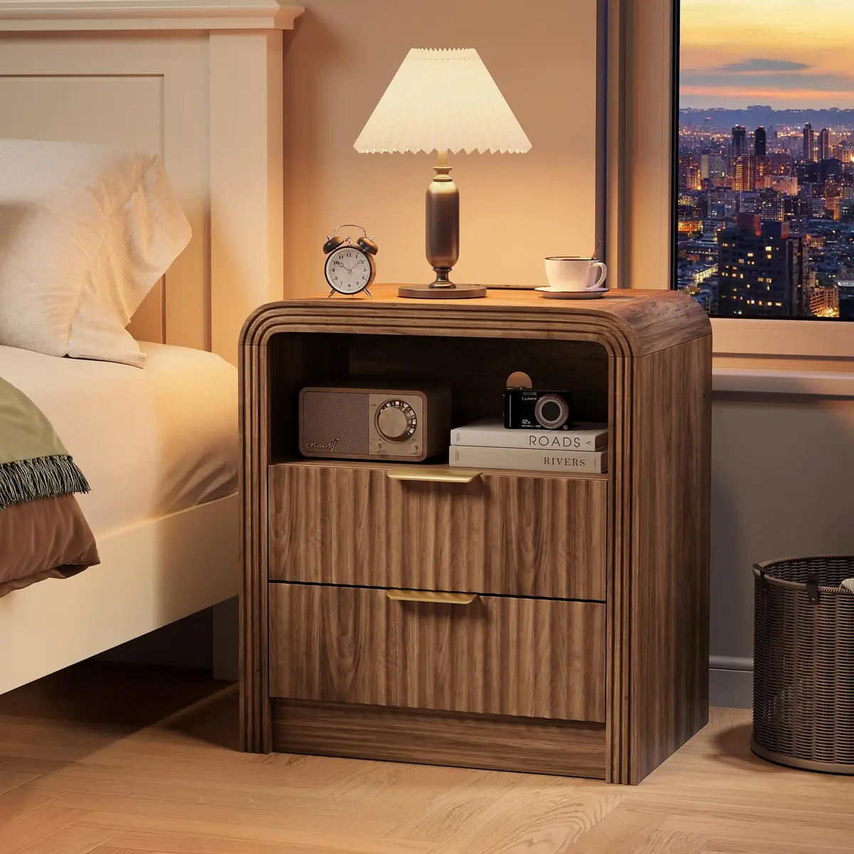 Decofy Fluted Nightstand with Charging Station, 2 Drawers, Walnut | Modern Bedroom End Table with USB & Type-C Ports - view 6