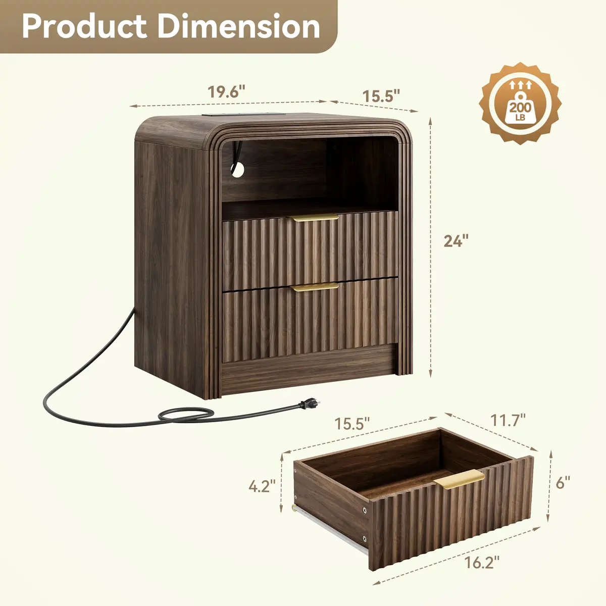 Decofy Fluted Nightstand with Charging Station, 2 Drawers, Walnut | Modern Bedroom End Table with USB & Type-C Ports - view 7