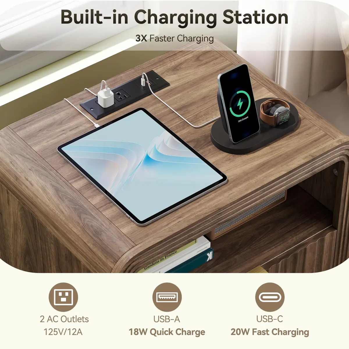 Decofy Fluted Nightstand with Charging Station, 2 Drawers, Walnut | Modern Bedroom End Table with USB & Type-C Ports - view 2