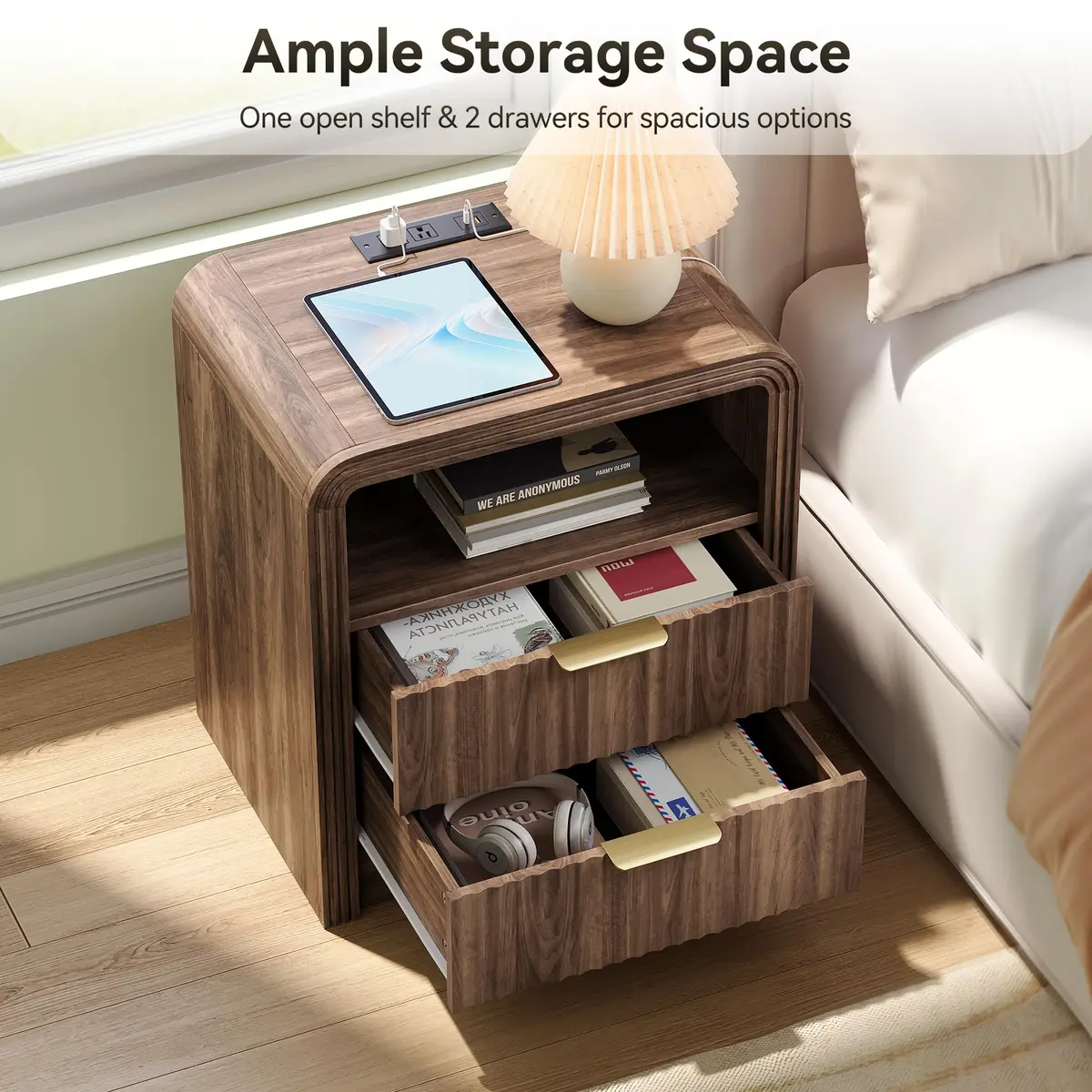 Decofy Fluted Nightstand with Charging Station, 2 Drawers, Walnut | Modern Bedroom End Table with USB & Type-C Ports - view 3