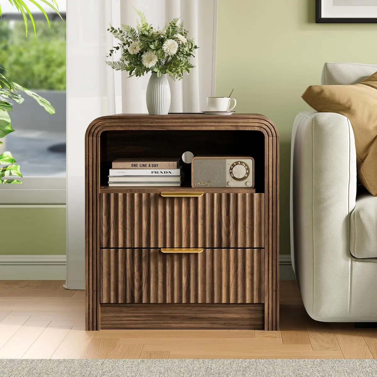 Decofy Fluted Nightstand with Charging Station, 2 Drawers, Walnut | Modern Bedroom End Table with USB & Type-C Ports - view 4
