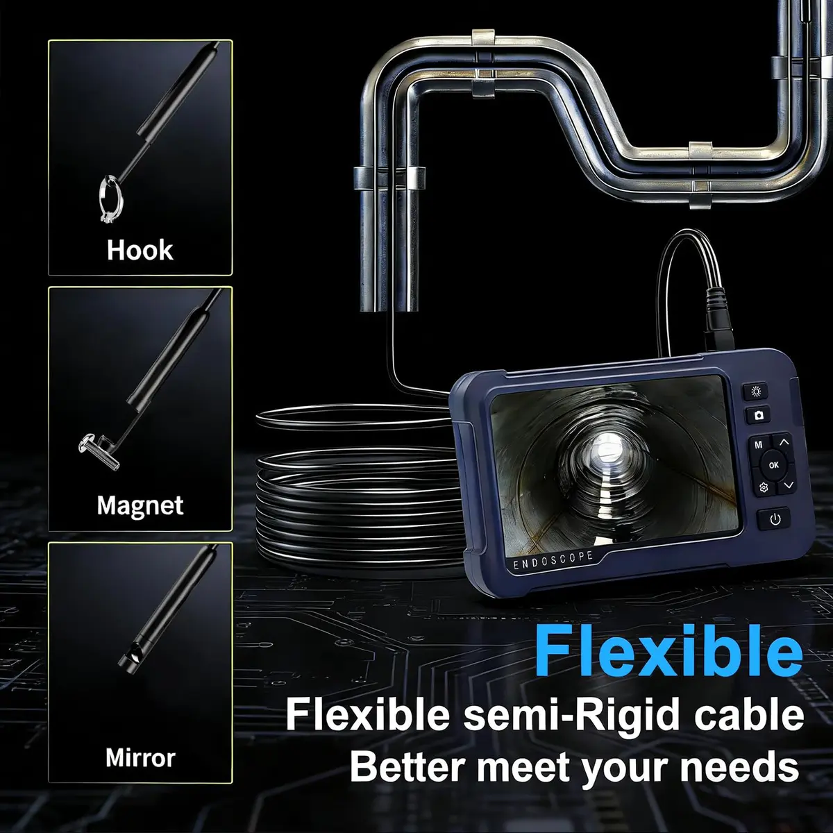 COOVIE 5-Inch HD Endoscope Camera with 3 Lenses & 8 LEDs | 5m (16.5ft) Semi-Rigid Cable, 1920P Video - view 5