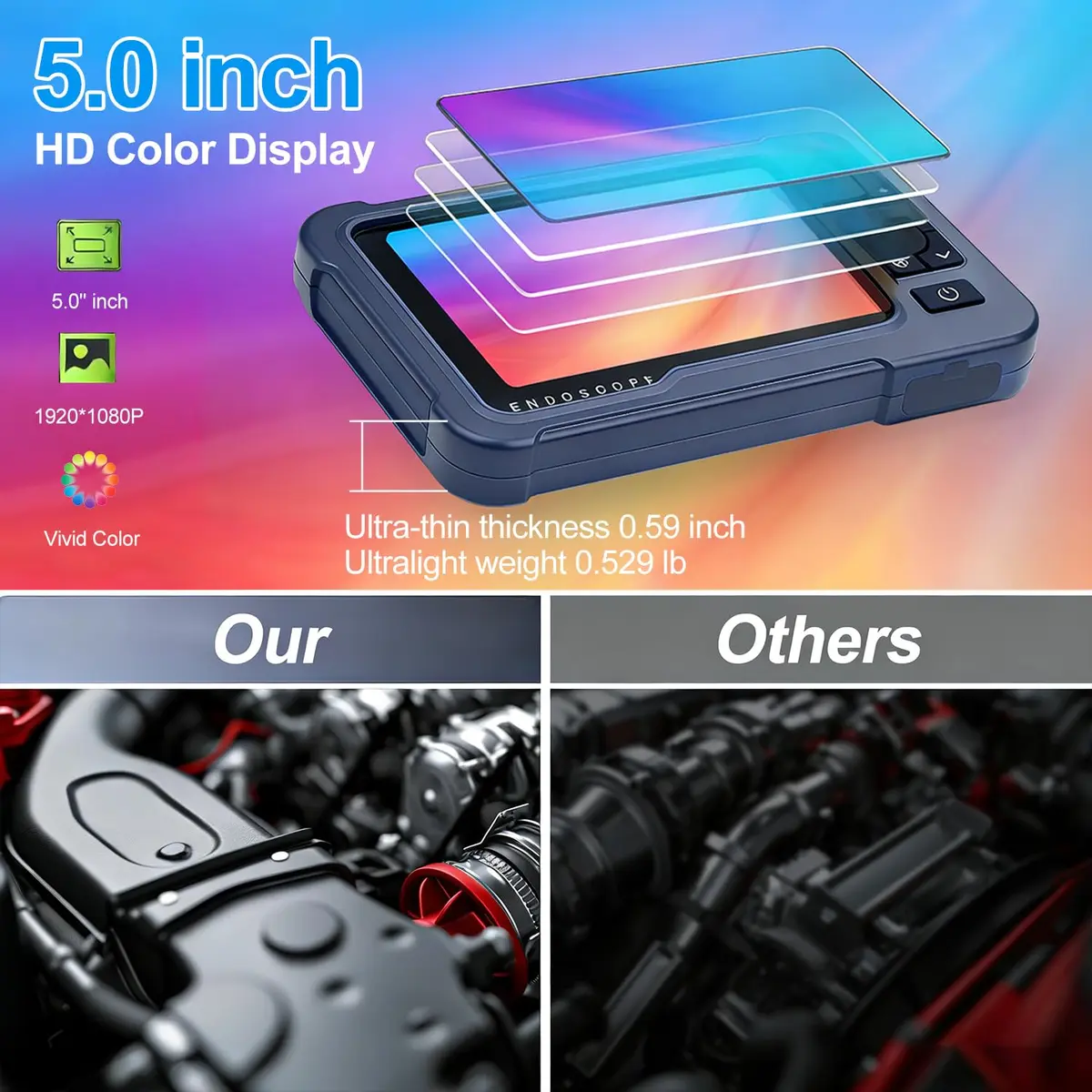 COOVIE 5-Inch HD Endoscope Camera with 3 Lenses & 8 LEDs | 5m (16.5ft) Semi-Rigid Cable, 1920P Video - view 2