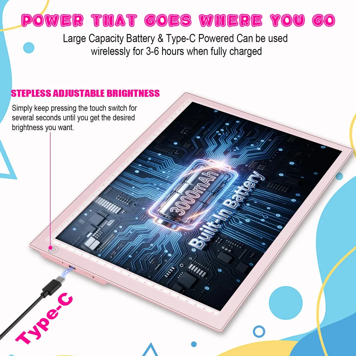 ME456 LED Drawing Tablet Kit 38 cm (15 Inch) Pink | Rechargeable Light Board for Tracing & Diamond Painting - view 3