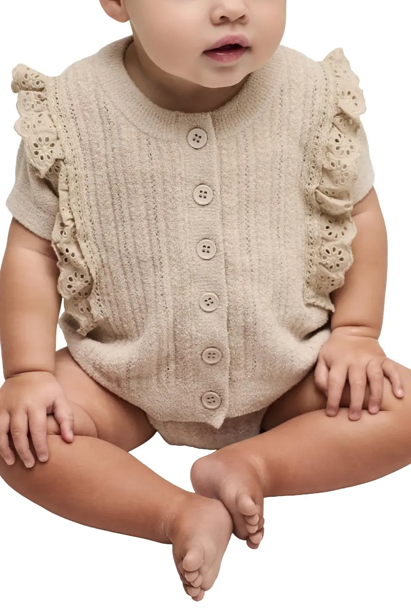 Barefoot Dreams CozyChic Ultra Lite Baby Set with Cotton Eyelet Ruffle, Stone, 12-18 Months | Timeless Comfort & Style - main product image