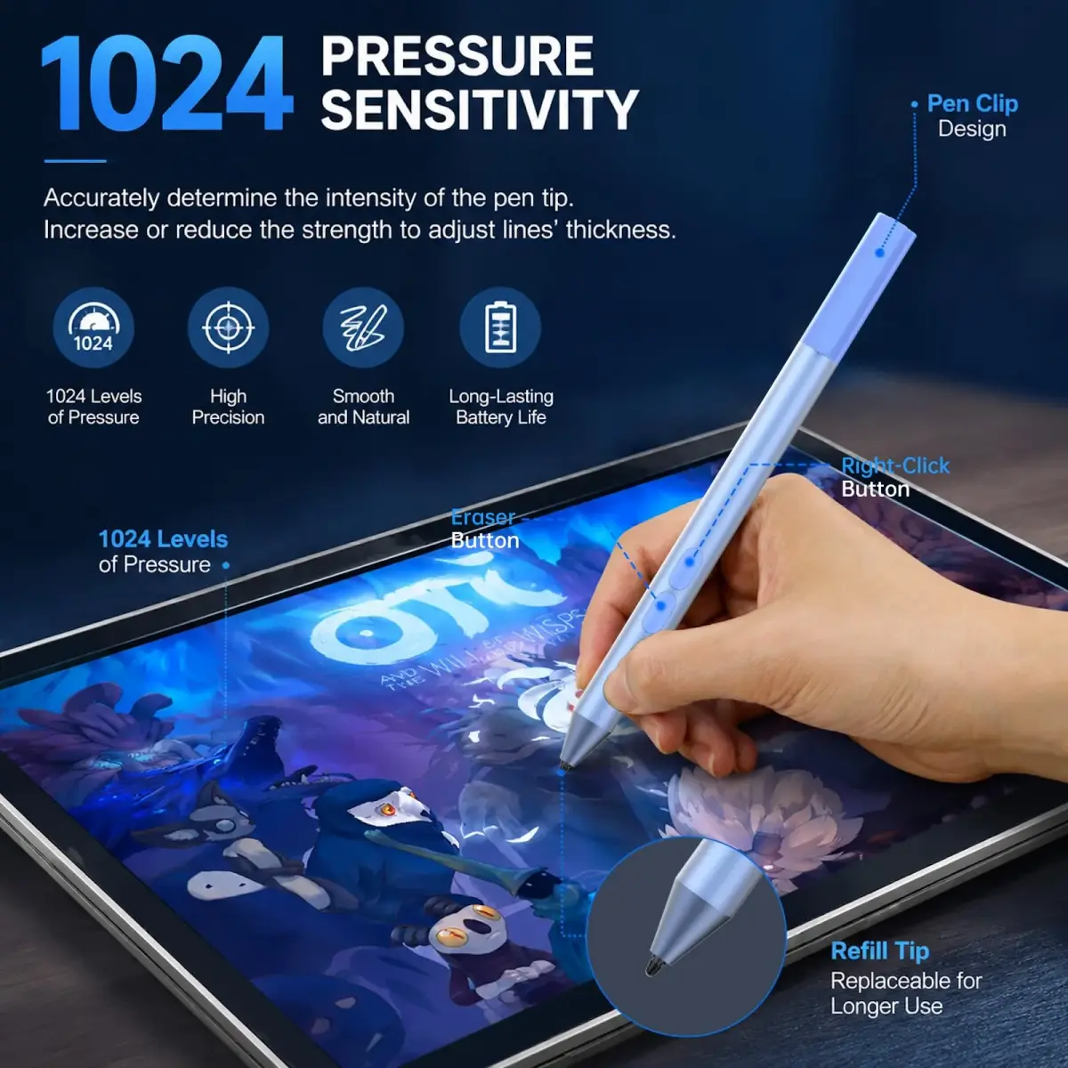 ANYQOO Active Stylus Pen for HP Laptops, 1024 Pressure Levels, 300-Day Battery, Sapphire - view 4