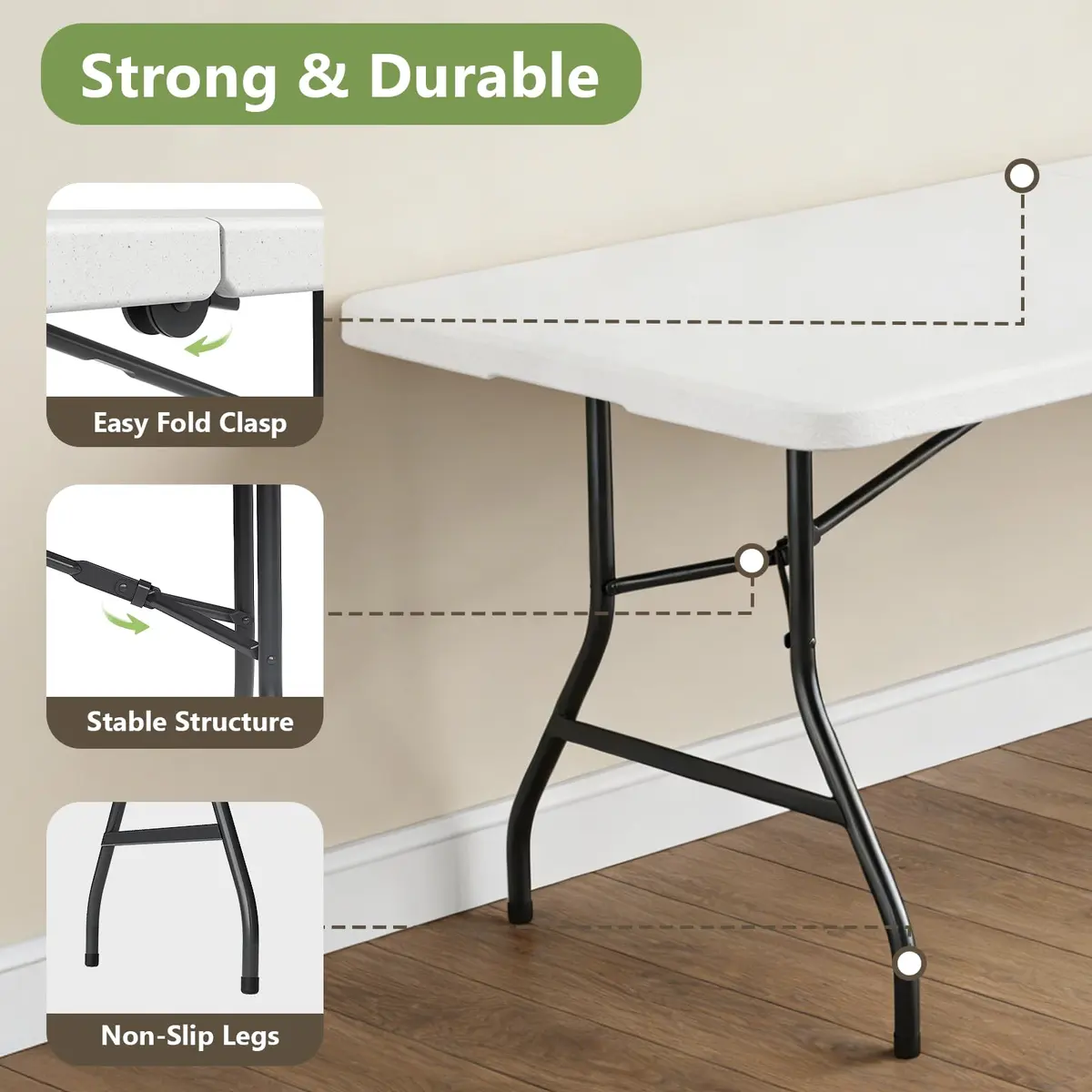 FurniEdge Folding Table 8FT White Heavy Duty Plastic | Portable & Space-Saving (70-120 chars) - view 3