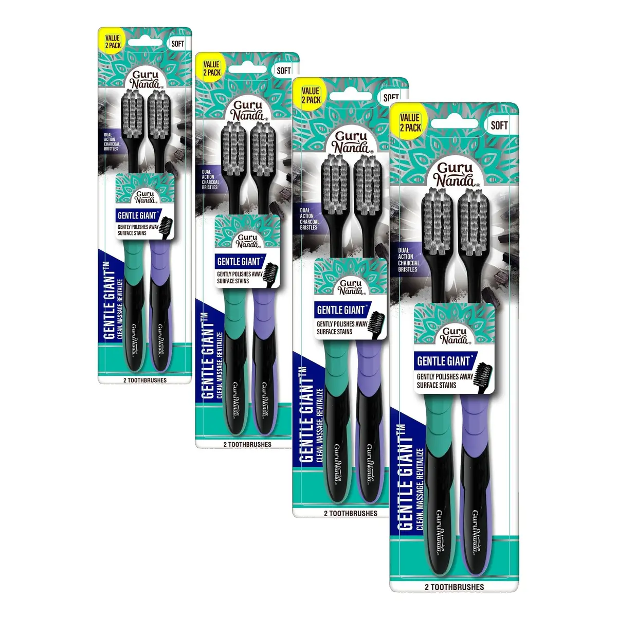GuruNanda Gentle Giant Charcoal Toothbrush 8-Pack | Dual Action Flossing Spiral Bristles - main product image