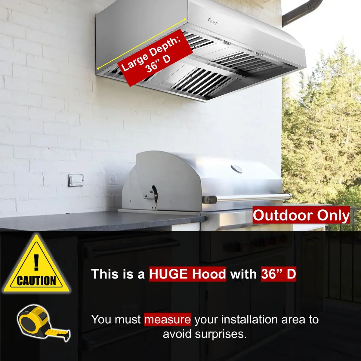 Awoco 36”W 17"H Outdoor BBQ Vent Hood with 12"H Chimney Cover | 1000CFM, 4 Speeds, Stainless Steel, Ducted Vent - view 5