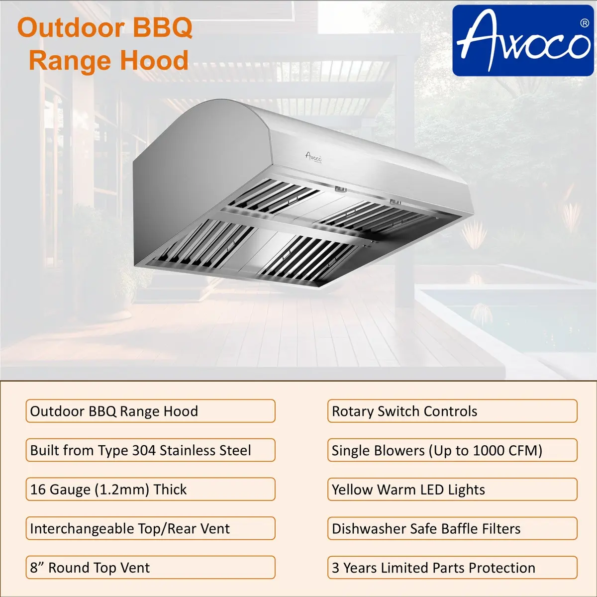 Awoco 36”W 17"H Outdoor BBQ Vent Hood with 12"H Chimney Cover | 1000CFM, 4 Speeds, Stainless Steel, Ducted Vent - view 6