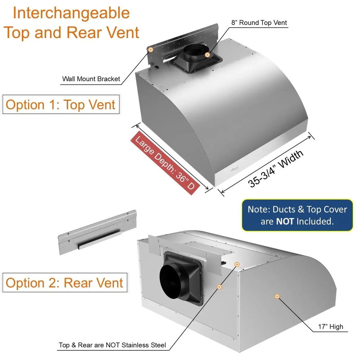 Awoco 36”W 17"H Outdoor BBQ Vent Hood with 12"H Chimney Cover | 1000CFM, 4 Speeds, Stainless Steel, Ducted Vent - view 7