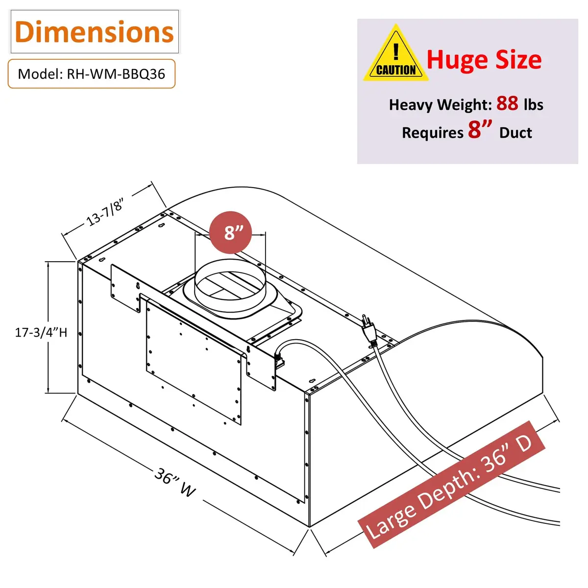 Awoco 36”W 17"H Outdoor BBQ Vent Hood with 12"H Chimney Cover | 1000CFM, 4 Speeds, Stainless Steel, Ducted Vent - view 8