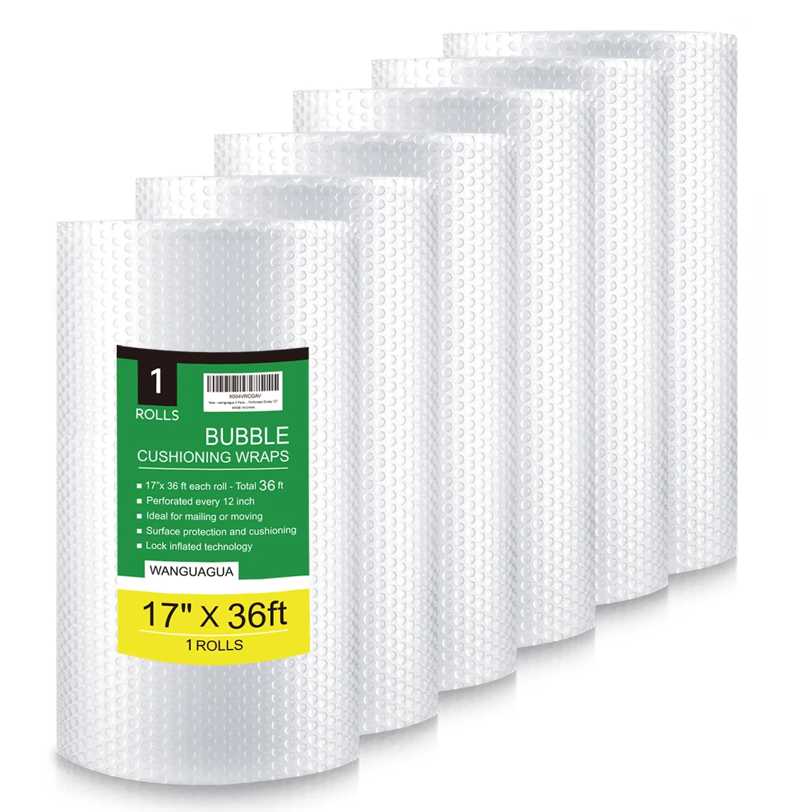 wanguagua Bubble Wrap Roll 17 Inch x 36 ft (6 Rolls Total) | Perforated for Easy Tearing - main product image
