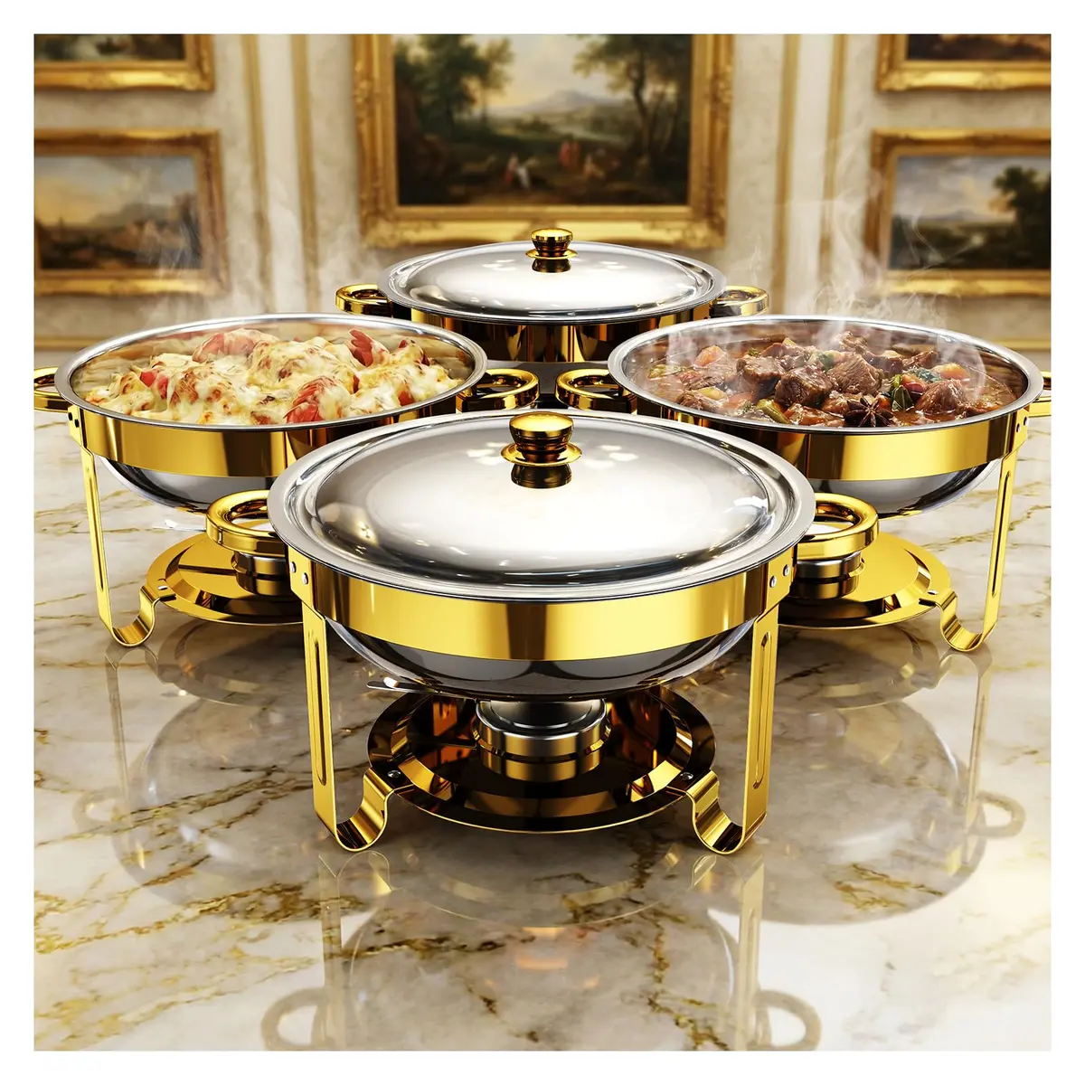 Ublue Chafing Dishes for Buffet 4 Pack | 5QT Round Stainless Steel Food Warmers - main product image