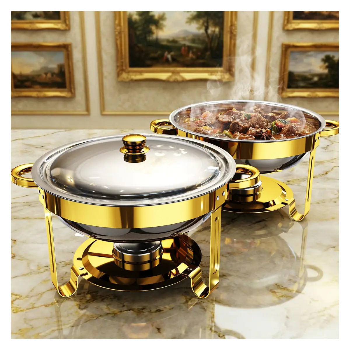 Ublue 5QT Round Stainless Steel Chafing Dishes 2 Pack | Buffet Food Warmers for Events - main product image