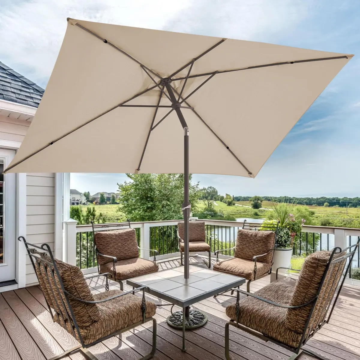 JEAREY 6.5 x 10 ft Rectangular Patio Umbrella w/Crank, Dark Blue | Water-Resistant, Wind Vent, UV Coating - view 6
