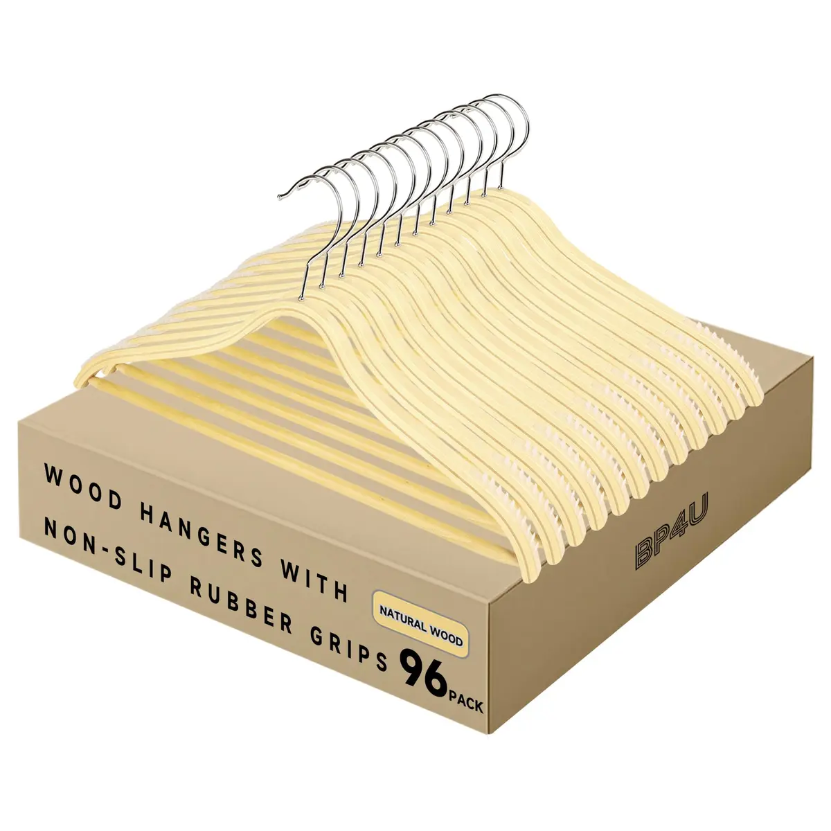 BP4U Slim Birch Wood Hangers with Non-Slip Rubber Strips 96-Pack | Space-Saving & Durable - main product image