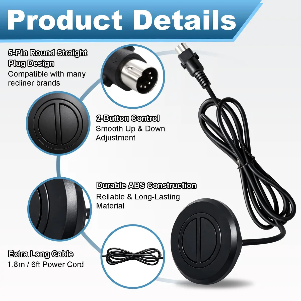 Podoy 2-Button Power Recliner Hand Control 6 ft Cord | Durable, Universal Fit (70-120 chars) - view 3