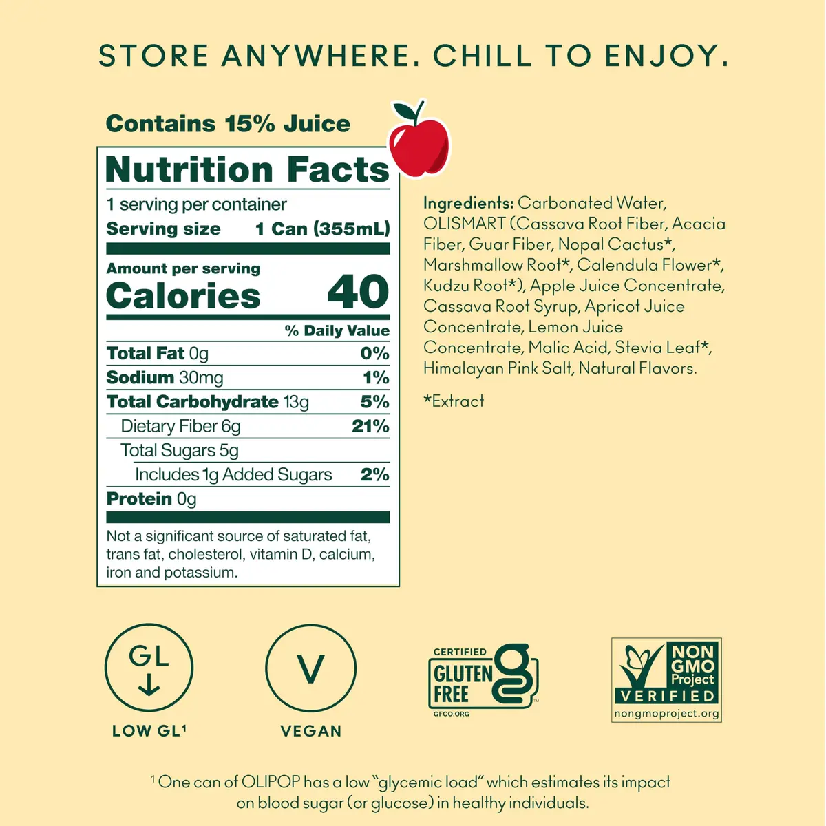 OLIPOP 6g Fiber Prebiotic Soda, Crisp Apple | Gut-Friendly, Refreshing, 12 Fl Oz Can (12 Pack) - view 3