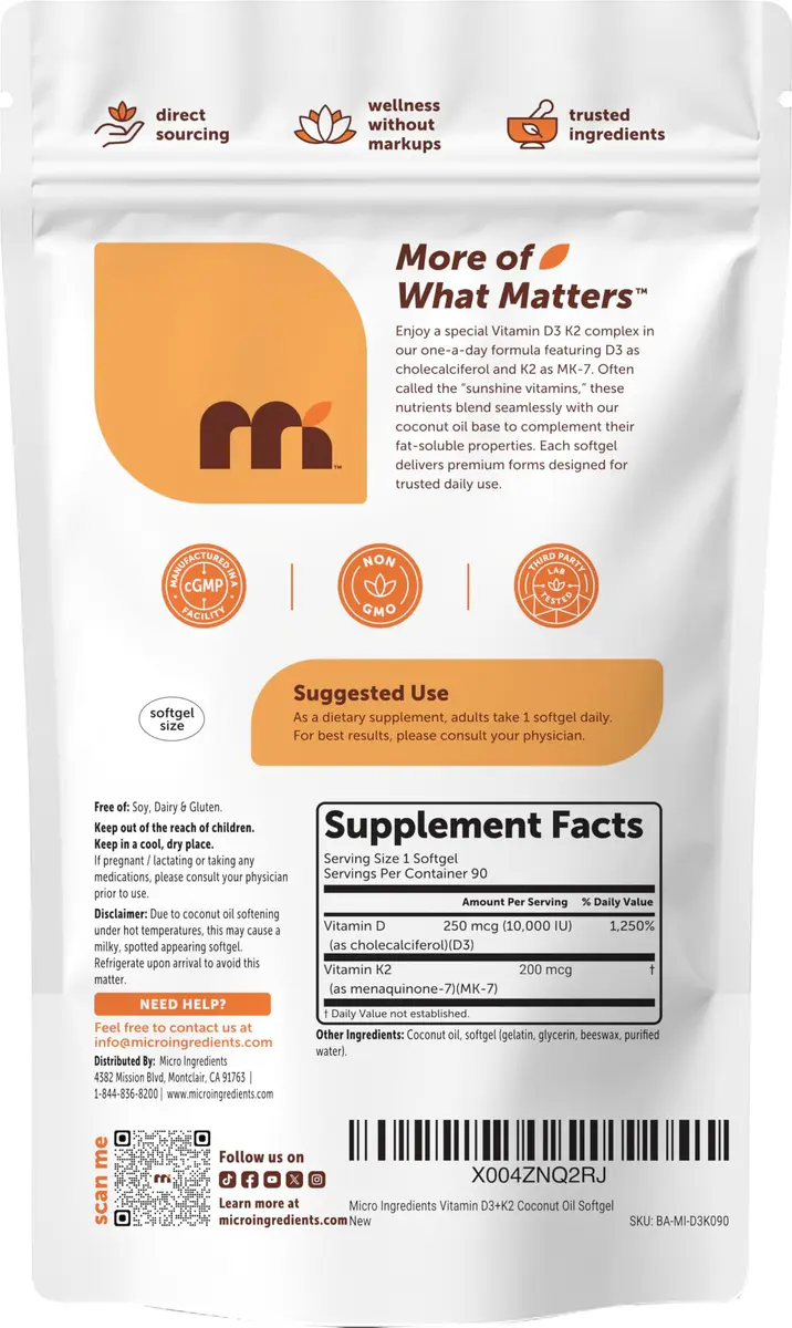 Micro Ingredients Vitamin D3 10,000 IU + K2 MK-7 200 mcg 90 Softgels | Extra Strength 2-in-1 D3 K2 Supplement - view 6