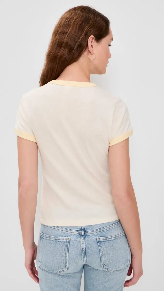 RE/DONE Womens 60s Slim Ringer TEE Dumbo, Vintage White W/SHORTBREAD, X-Large | Crew Neck, Graphic, Regular Fit - view 4