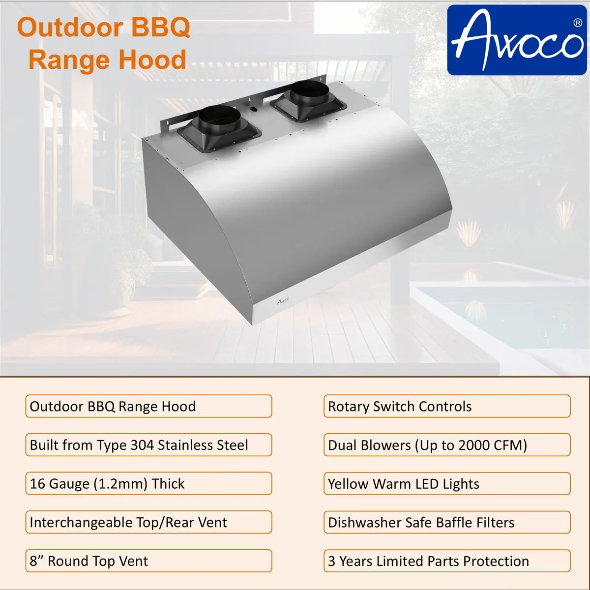 Awoco 48"W 17"H Outdoor BBQ Vent Hood with 36"H Chimney Cover | 2000CFM, 4 Speeds, Stainless Steel - view 6