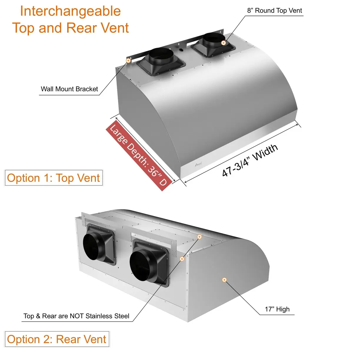 Awoco 48"W 17"H Outdoor BBQ Vent Hood with 36"H Chimney Cover | 2000CFM, 4 Speeds, Stainless Steel - view 7