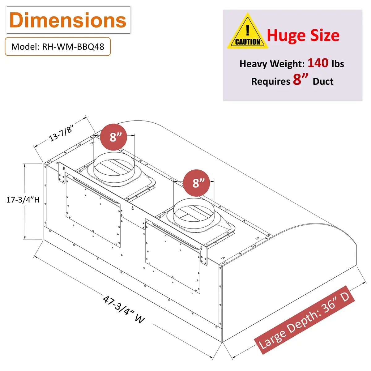 Awoco 48"W 17"H Outdoor BBQ Vent Hood with 36"H Chimney Cover | 2000CFM, 4 Speeds, Stainless Steel - view 8
