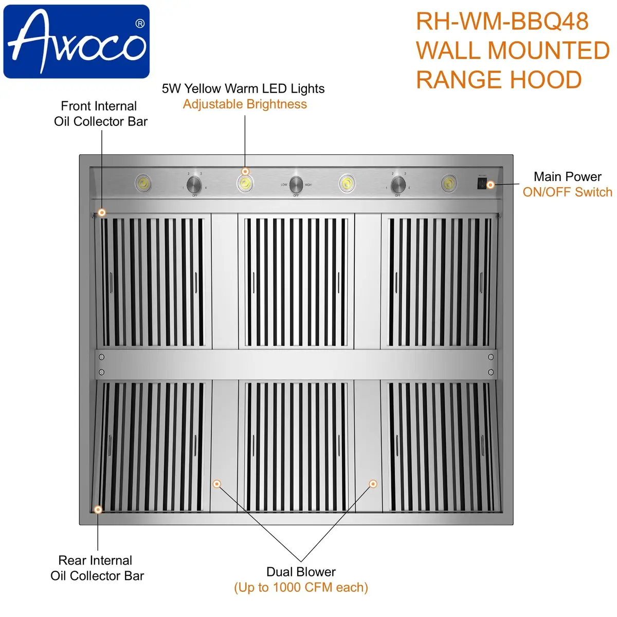 Awoco 48"W 17"H Outdoor BBQ Vent Hood with 36"H Chimney Cover | 2000CFM, 4 Speeds, Stainless Steel - view 4